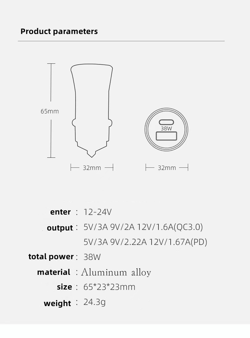 38W PD -billaddare USB Type C Snabbladdning av biltelefonadapter för iPhone 14 13 12 Xiaomi Huawei Samsung S21 S22 Säkerhetshammer snabb laddare med låda med