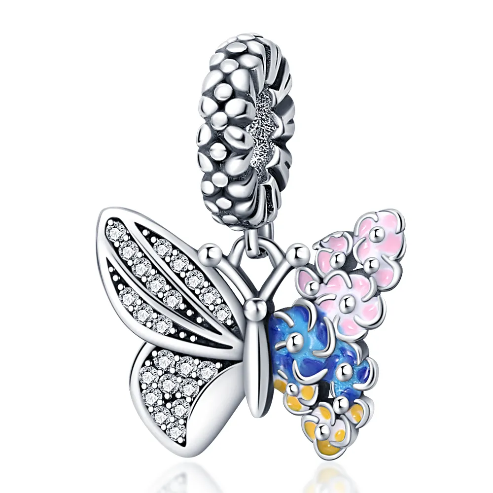 925 Silver bead fit Charms Pandora Charm Bracelet Colorful Butterfly Flower Space Feather Spain Heart charmes ciondoli DIY Fine Beads Jewelry