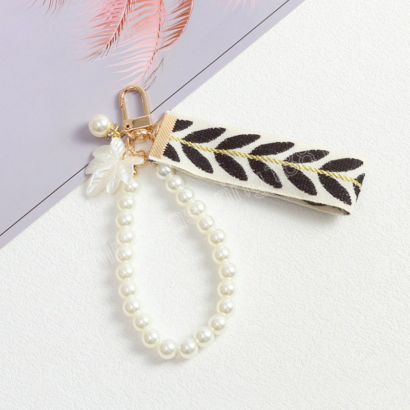 Creative Leaf Ribbon Pearl Armband Keychain Cute Pendant Wristlet Strap For Women Girls Bags Keys Plånböcker Telefonhållare Keyrings