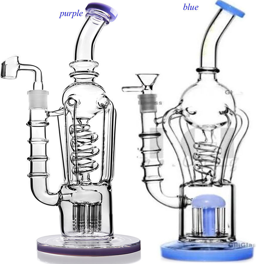 Freezable Coil Bong Recycler Dab Rigs Hookahs 큰 유리 봉 물 파이프 두꺼운 유리 물 봉 14mm 조인트가있는 담배 파이프