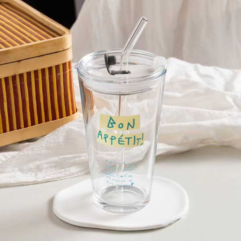 Korean Tulip cup with lid glass cup portable water cup with straw cold drink milk juice cup tumbler cup girl coffee cup gifts L230620