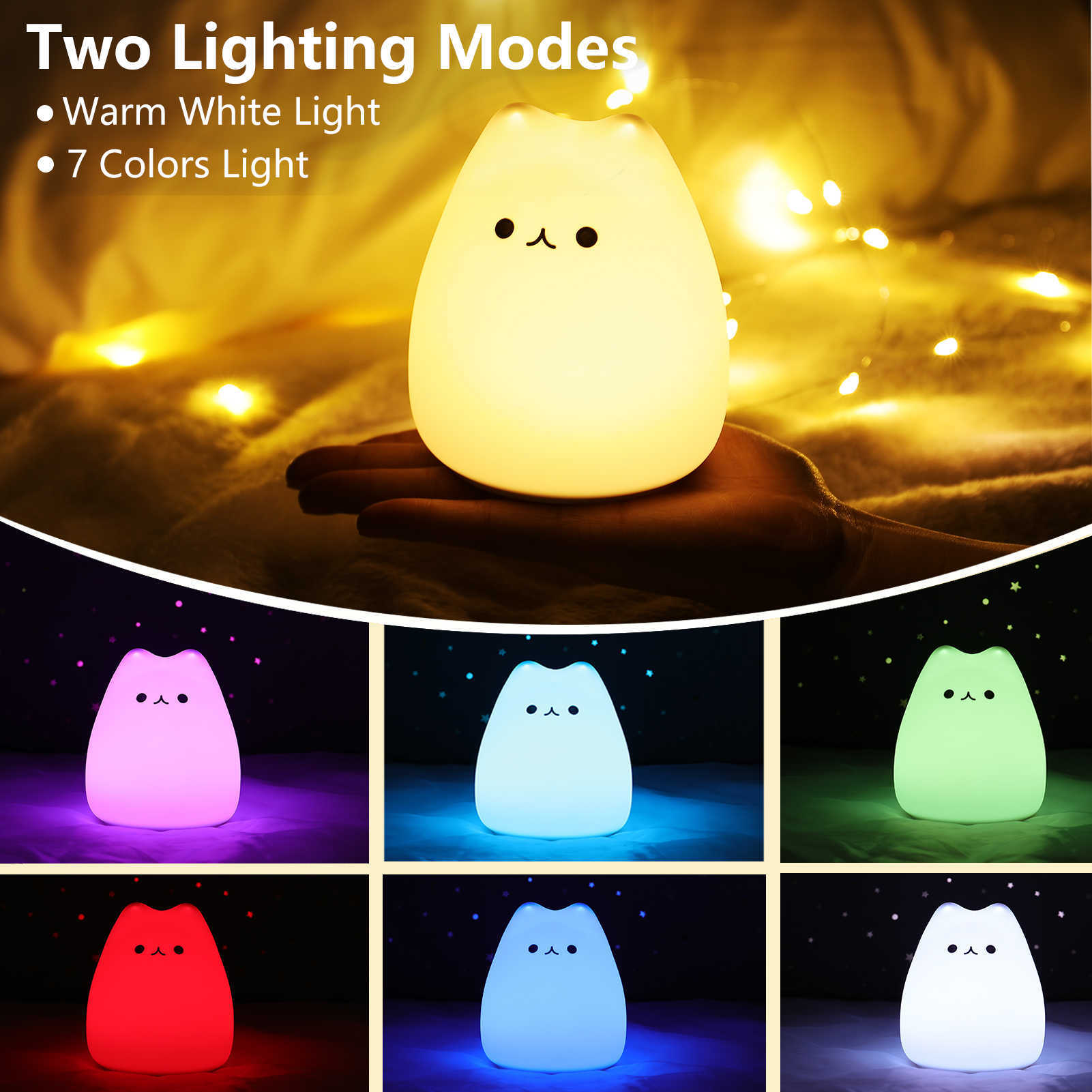 Ночные огни 7 цветов Cute Cat Light Bear Lamp Elf Nightlights Touch Sensor Led Cartoon Decor Спальня Рождественский подарок для детей Детская комната HKD230628
