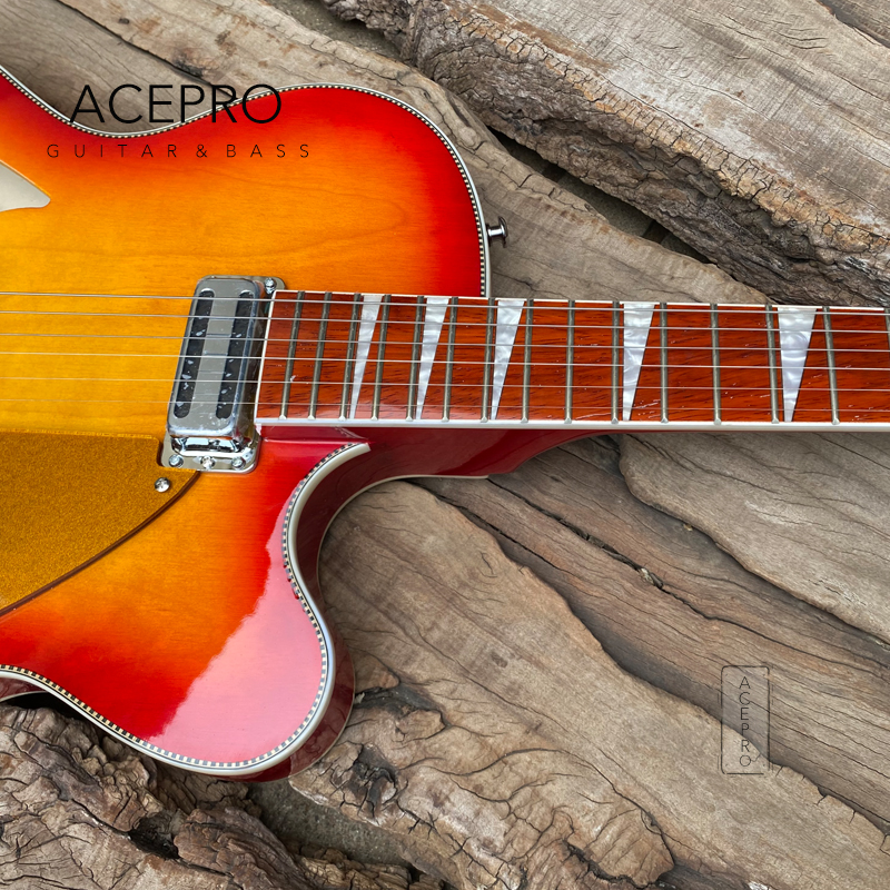 Corpo oco completo 6 cordas guitarra elétrica ouro pickguard tailpiece ponte cereja explosão cor guitarra de alta qualidade frete grátis
