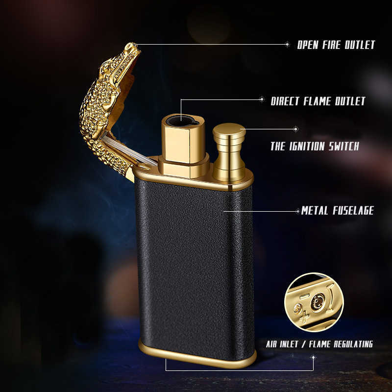 Nouveau bleu flamme métal Crocodile dauphin Double feu briquet créatif Direct coupe-vent ouvert Conversion briquet, cadeau de l'homme ZLF6