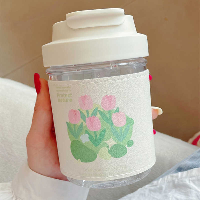 Kawaii Tulip Glass Water Bottle with Straw Sleeve Heat Insulated Tea Cocoa Cup 450ML Portable Home Office Coffee Milk Bottle L230620