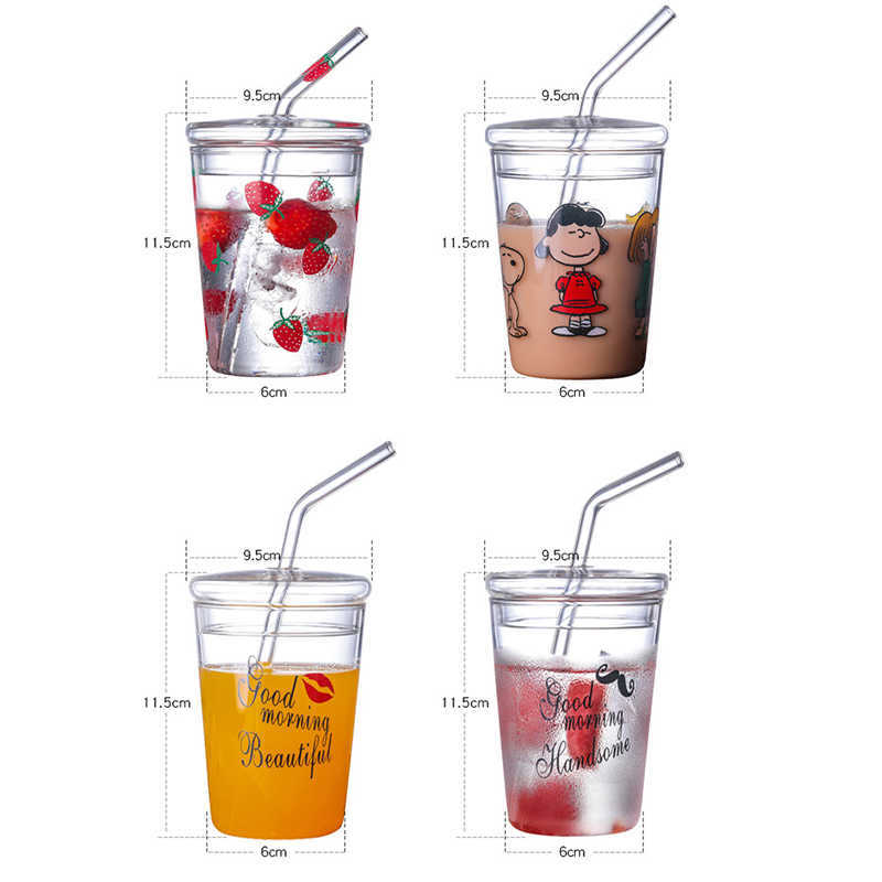 Style de dessin animé mignon 300ML tasse en verre d'eau du matin sans plomb verres ménagers jus de lait tasse en verre avec couvercle et paille L230620