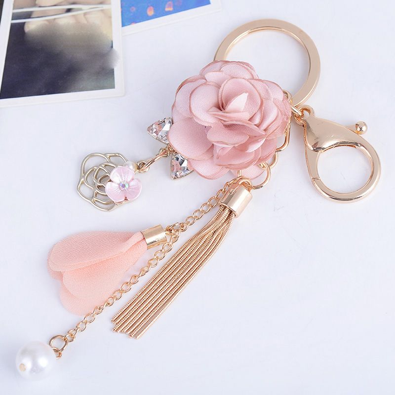 Cloth Rose Flower Key Ring Chiffon Tassel Car Fashion Charm Key Chains Lady Couple Bag Keychain Party Gift