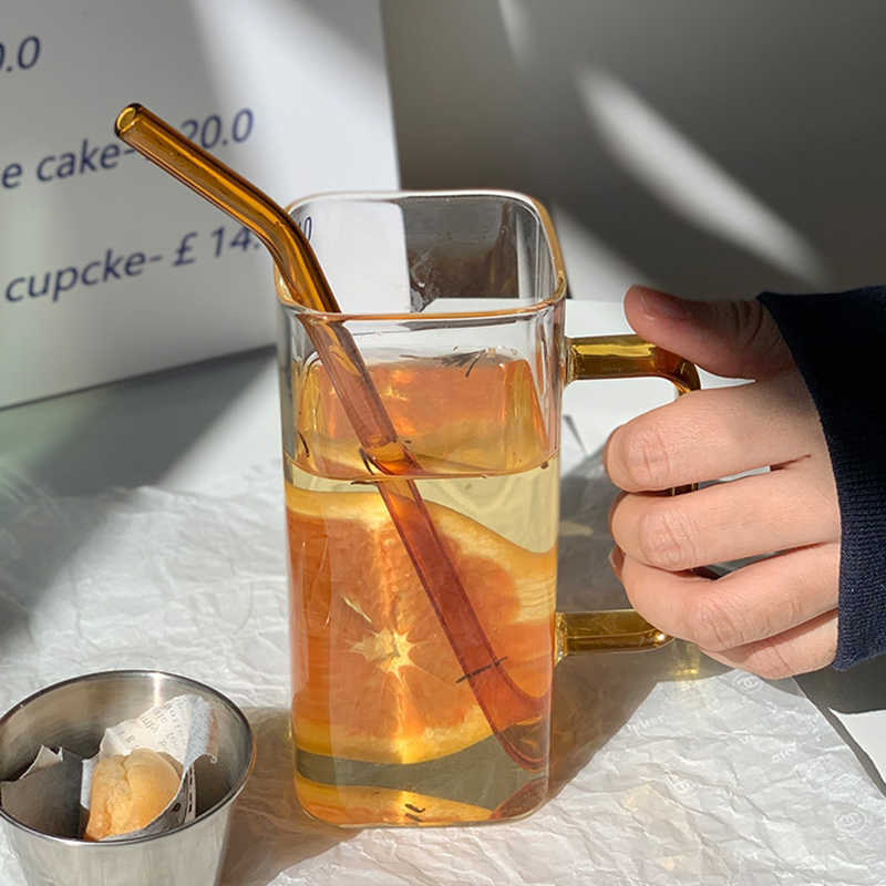 400 ml kreative quadratische Glasbecher mit Griff Stroh klarer Vintage -Kaffee -Tee -Saft Milch Weingetränk Gase Tassen für Getränke Geschenk L230620