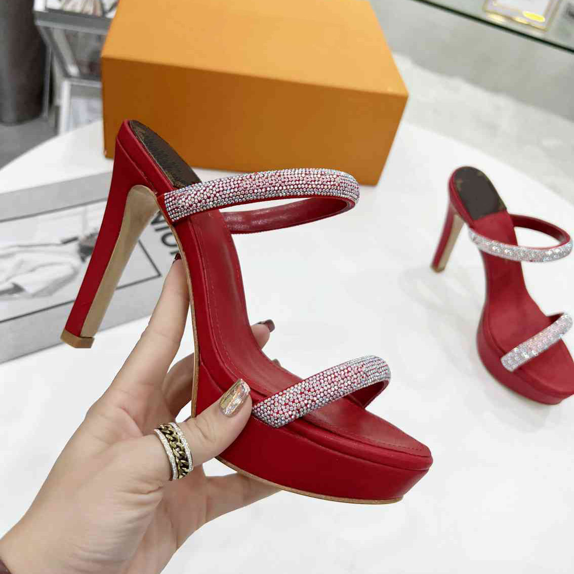 Summer New Designer Women Waterproof Platform High Heel Shoe Summer Sandal Water Diamond Sexy Sandal with box size 35-42