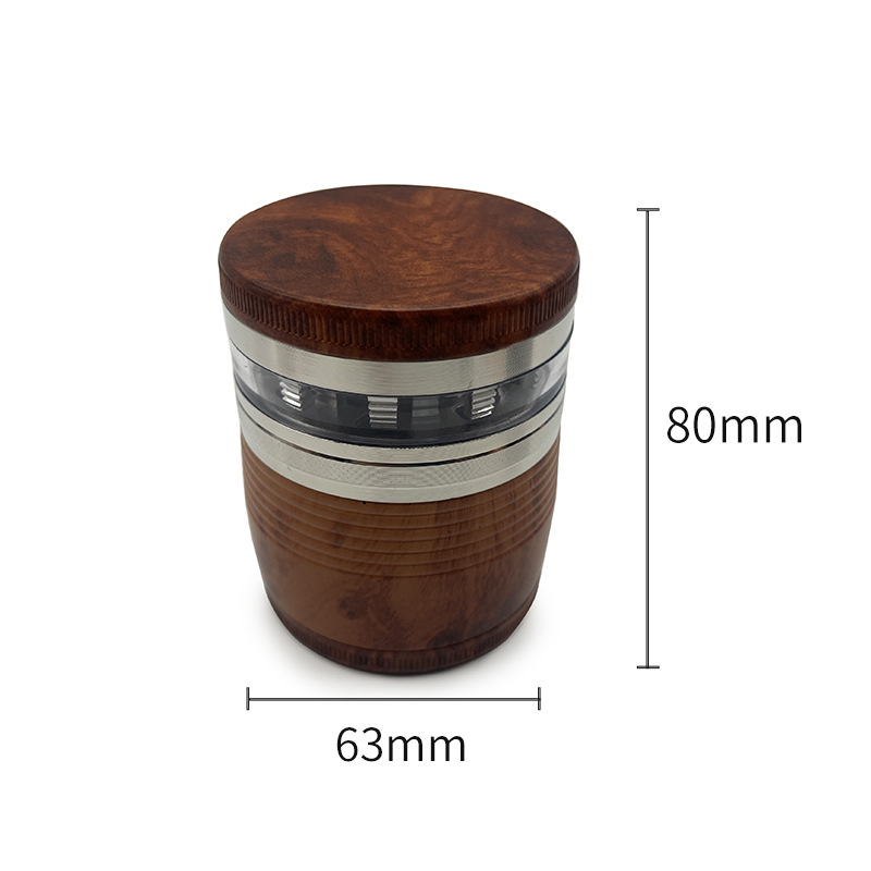 Rökande rör Europeiska och amerikanska träkornfärg Nya tänder Cigarettslipare Plastdiameter 63mm Fyra lager Grinder Transparent tänder Cigarettuppsättning