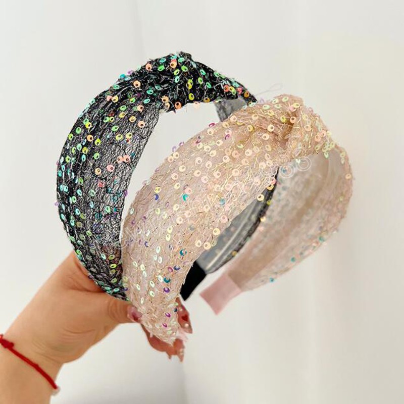 Fashion Hairband For Women Shining Sequin Mesh Headband For Girls Center Knot Turban Headwear Hair Accessories