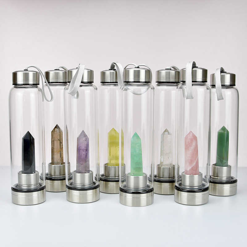 Bouteille d'eau en verre de pierres précieuses de quartz naturel Portable voiture tasse à boire verre cristal obélisque baguette bouteille de guérison avec couvercle de corde L230620