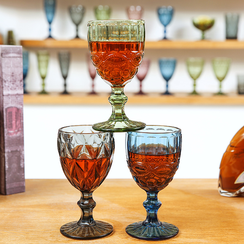 Verres à vin de 10 oz gobelet en verre coloré avec tige 300 ml motif Vintage verres romantiques en relief pour la fête de mariage