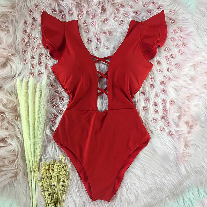 Swim wear 2022 New Print Swimwear Deep V-neck Ruff Swimsuit Push Up One Piece Swimsuit Beach Wear Backss Monokini HKD230628