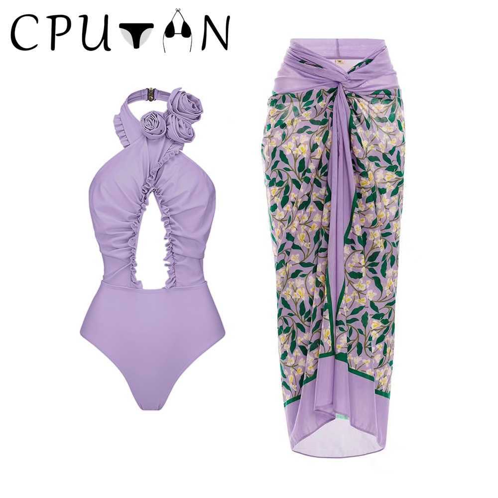 Swim wear CPUTAN 2023 Sexy One Piece Swimsuit Skirt Summer Women Halter 3D Flower Print Swimwear Beach Dress Cover Up Monokini Bath Suit HKD230628