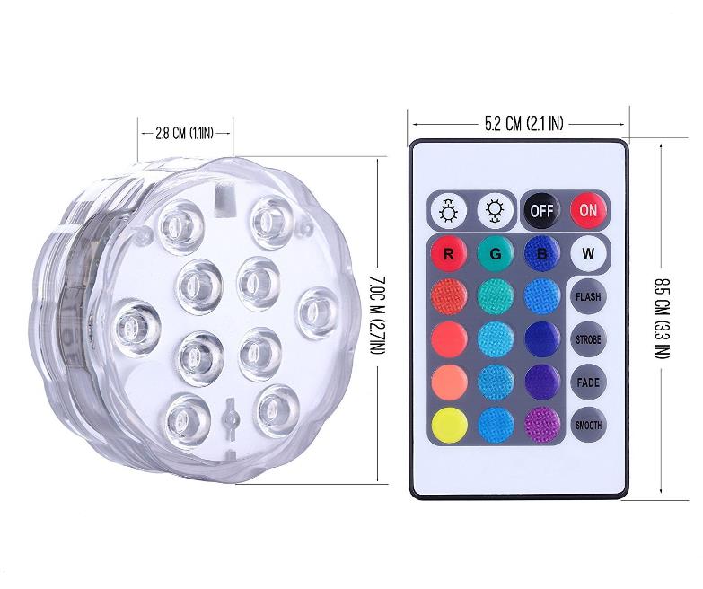 Wodoodporne zanurzalne światła LED Zbudowane w 10 koralikach LED z 24 klawiszami Pilot Control 16 Kolor Zmiana podwodnej lampy Nocna Lampka Lampka Wazon Wedding Wedding Sn6930