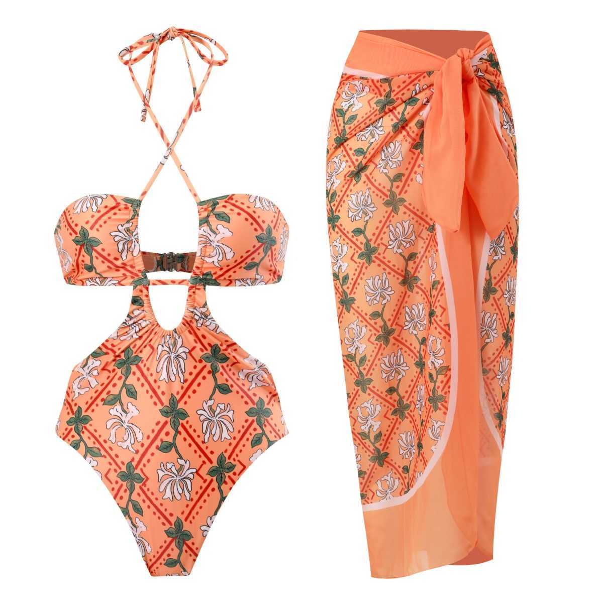 Roupa de banho 2023 High g One Piece Maiô feminino estampado Maiô recortado Cross Beach Wear Body Monokini Summer HKD230628