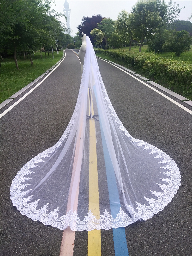 Real Photos Bridal Veils Cathedral Long Lace Wedding Veil With Comb One Layer High Quality 3 Meters White Ivory Voile Mariage