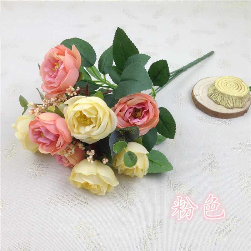 Nouveau style européen 10 têtes de thé roses simulées bouquet de mariage tissu de soie décoration de la maison avec des fleurs artificielles rose camélia bourgeon