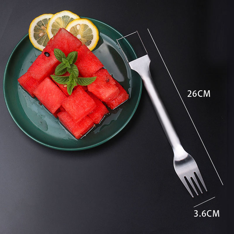 2-en-1 Pastèque Fourchette Trancheuse Cutter Portable En Acier Inoxydable Trancheuse Fruits Salade Couteau Fourchette Sculpture Gadgets pour Les Fêtes De Famille