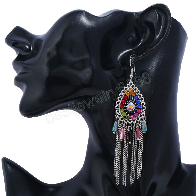 Luxe multicolore bohème cristal chaîne gland boucles d'oreilles pour les femmes goutte d'eau mariage mariée balancent boucles d'oreilles bijoux de mode