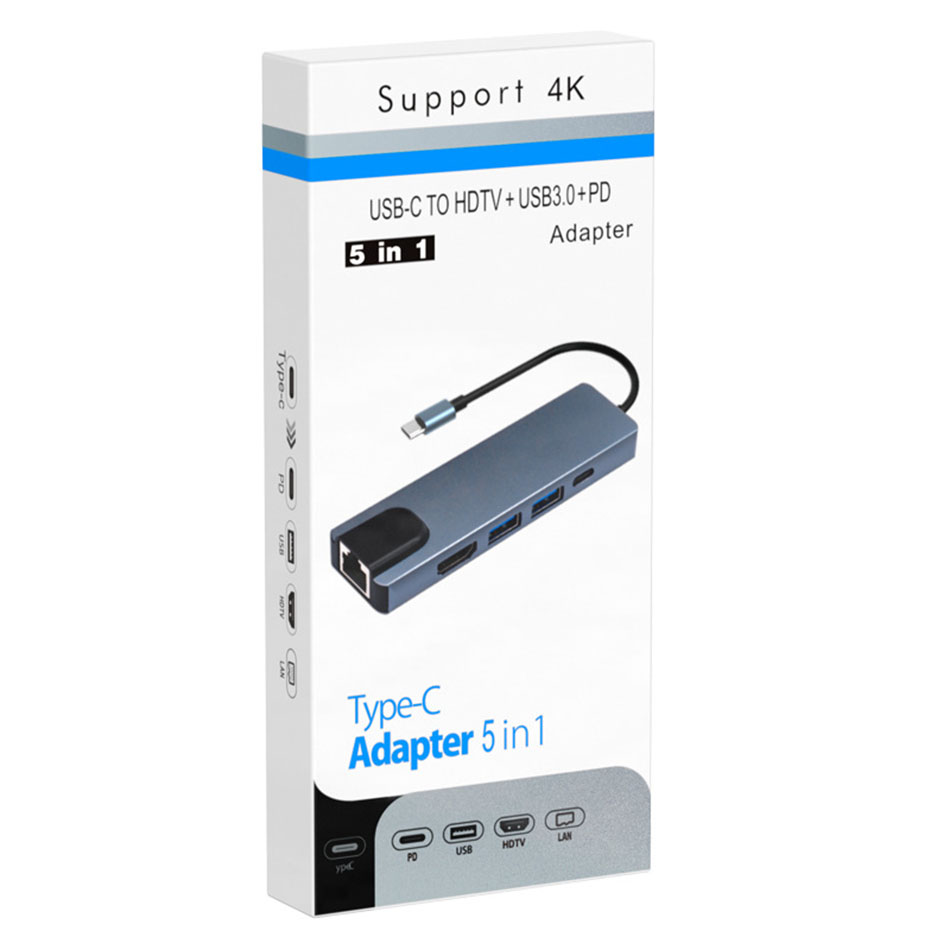 5 en 1 USB Type C vers HDTV 4K Hub USB3.0 Gigabit 100M Ethernet Rj45 Lan 100W Adaptateur PD pour Macbook Pro Station d'accueil Chargeur