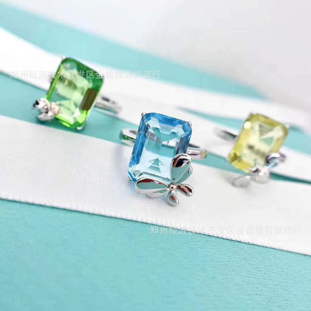 Designer Original Tiffays Love Bugs Series Blue Butterfly Ring Green Crystal Ladybug