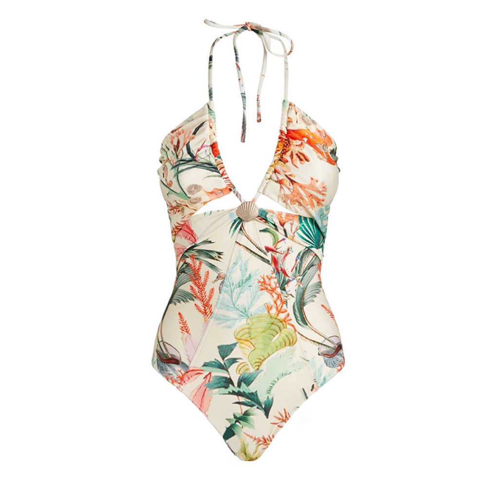 Swim wear Halter Beachwear 2023 New V-neck Floral Print One-piece Swimsuit Sexy Cutout Lacing Up Hot Bikini Set Women Bathing Suit Slim HKD230628