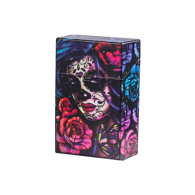 Dernières Portable Coloré Crâne Fumer Étuis À Cigarettes Boîte De Rangement En Plastique Boîtier Exclusif Ouverture À Ressort Automatique Flip Cover Étanche À L'humidité Stash Case