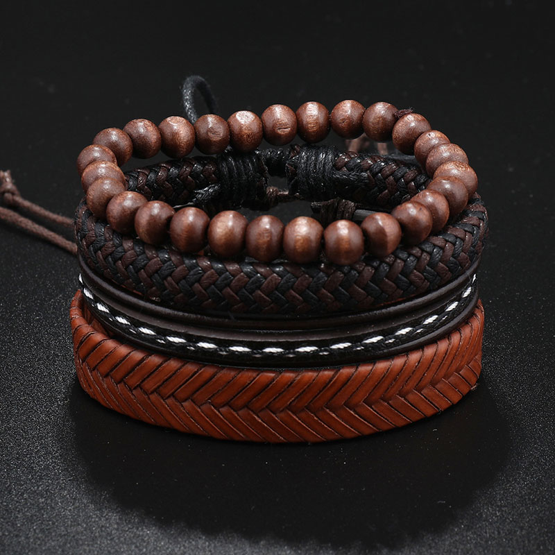 Multicouche Corde En Cuir À La Main Tressé Perlé Charme Bracelets Ensemble Réglable Party Club Bijoux Pour Hommes Femmes