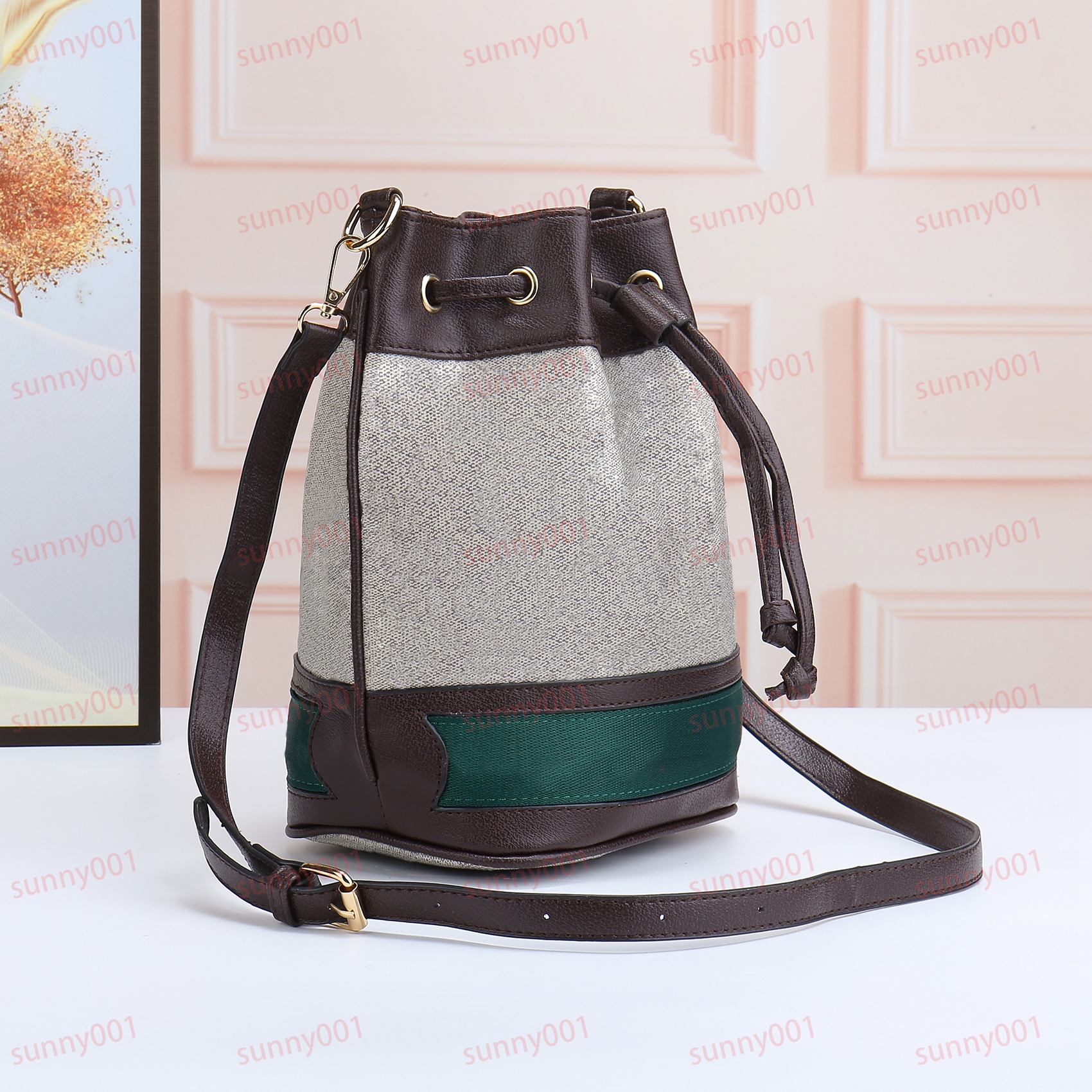 New Luxury Women Bucket Bag Drawstring Opening Crossbody Shoulder Bag Designer Printed Stripes Cylindrical Package Carrying Bag