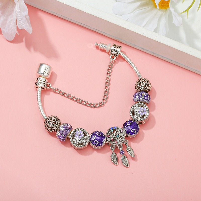 Fashion 925 Sterling Silver Purple Enamel Dream Catcher Murano Lampwork Glass Five Petals Flower & European Charm Beads Dangle Fits Pandora Charm Bracelets & Necklace