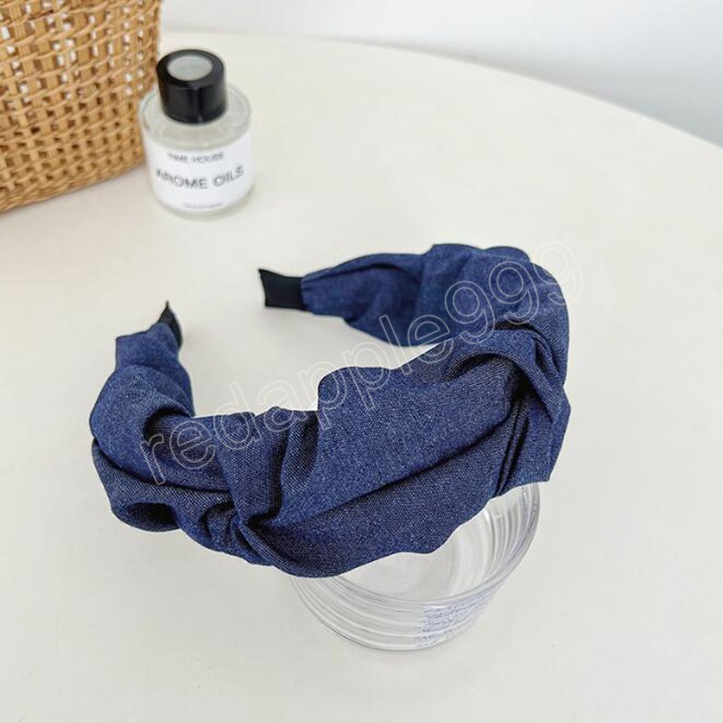 Fashion Denim Hairband Wide Side Pleated Headwear Cloth Headband For Adult Casual Summer Turban Hair Accessories