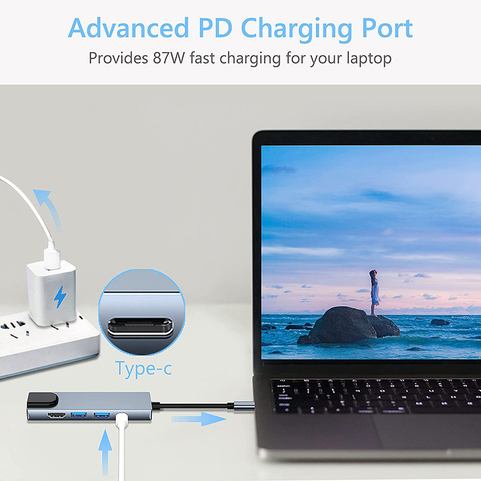 5 I 1 USB Type C till HDTV 4K Hub USB3.0 Gigabit 100m Ethernet RJ45 LAN 100W PD -adapter för MacBook Pro Docking Station Charger