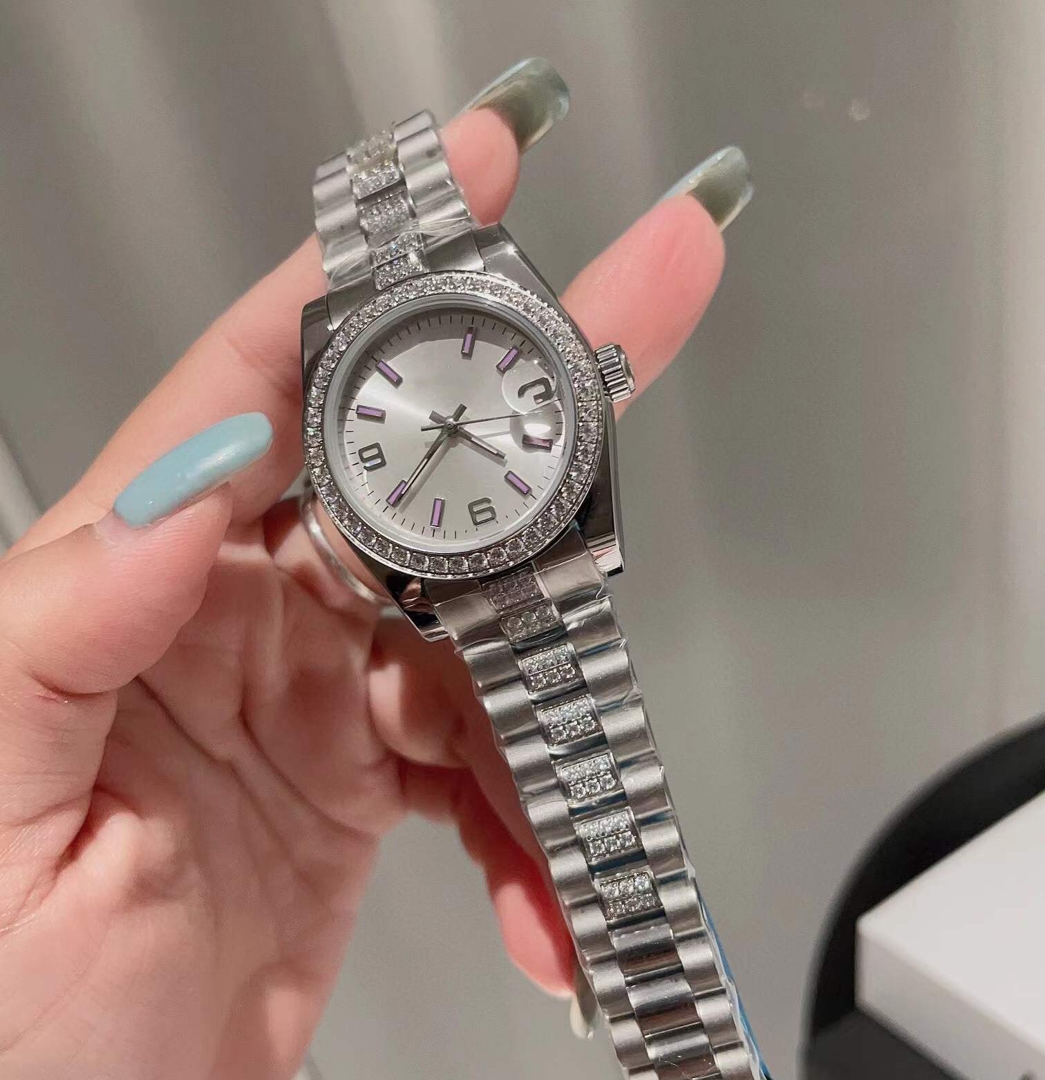 Classic New Women Automatic Mechanical Sport Wristwatch Stainless Steel Numerals Watch Geometric Digital Dials Waterproof Ladies Zircon Bezel Clock 31mm