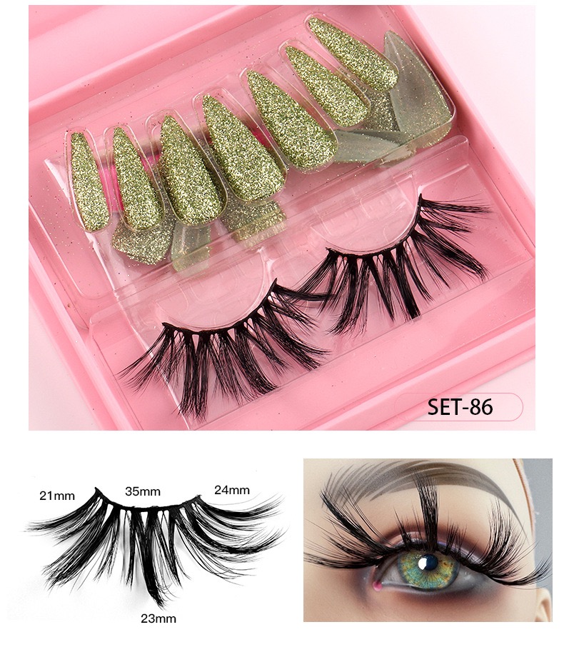 Fashion Faux Mink False Eyelashes False Nails Kits Party Cosmetic Makeup Tools Set with Jelly Nail Stickers and Nail File