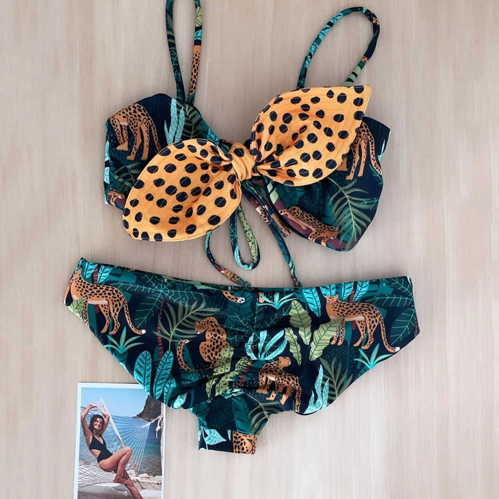 Swim wear Sexy opard And aves Print Bikinis Women Swimsuit Dot Bow Biquini Set Brazilian Bathing Suit Beachwear Fa HKD230628