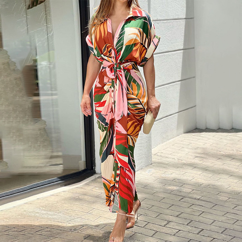 Elegant Shirt Dresses Women Casual Lapel Neck High Waist Long Dress with Sashes Free Ship