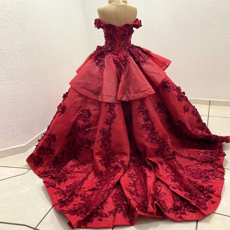 Röd glänsande quinceanera klänningar bollklänning för söta flickor pärlstav paljetter 3d blommor födelsedagsfest prinsessor prom klänning kläder de soiree