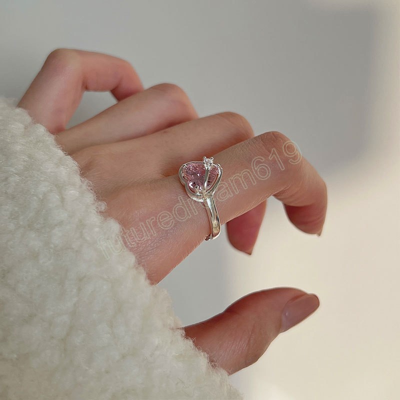 Korean Fashion Vintage Pink Zircon Love Heart Rings For Women Girls Aesthetic Jewelry Wholesale Accessories