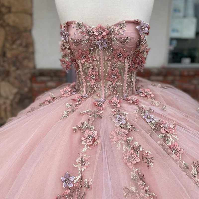 Rose Sexy Sans Bretelles Corset Robe De Bal Quinceanera Robes Perlées 3D Fleurs De Bal Graduation Robes À Lacets Princesse Douce 15 16