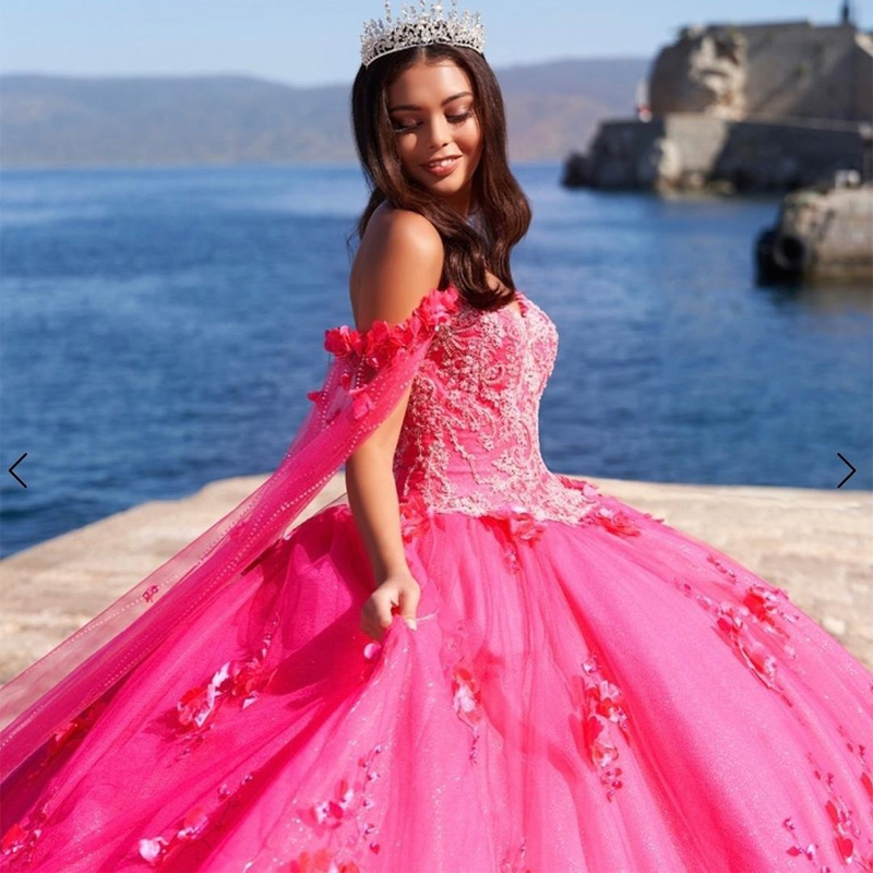 Handmade Flower Quinceanera Dresses with Cape Pearls Sweet 15 Gown Glitter Ball Gown Masquerade 16 Anos