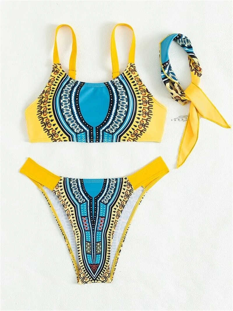 Dames Badmode Bikini 2022 Sexy Push Up Badmode Badpak Vrouwen Vintage Print Bikini Set Badpak Bikini Brasileno Vrouw met Hoofddoek