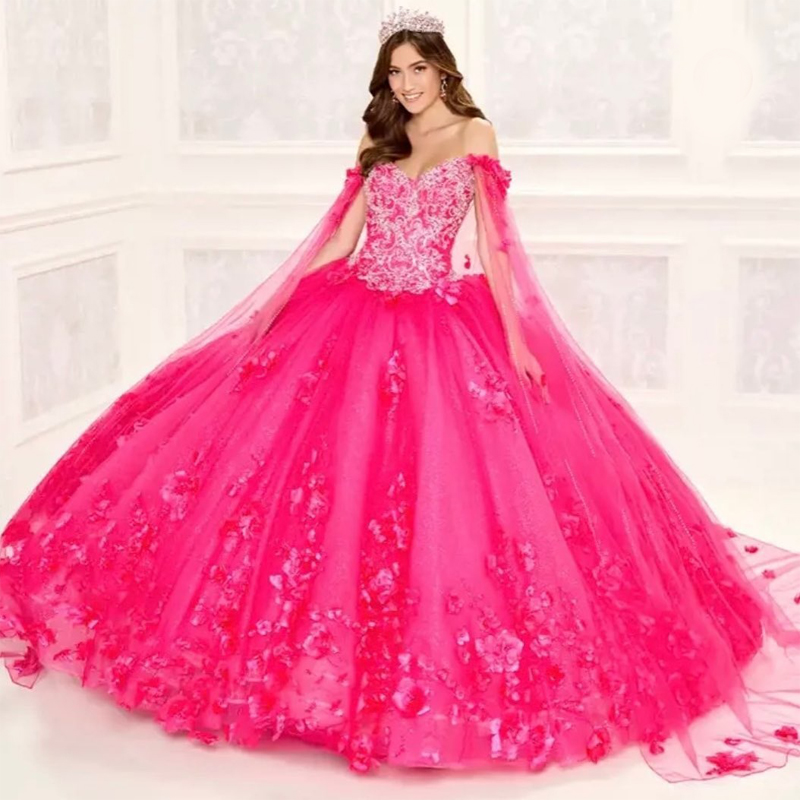 Handmade Flower Quinceanera Dresses with Cape Pearls Sweet 15 Gown Glitter Ball Gown Masquerade 16 Anos