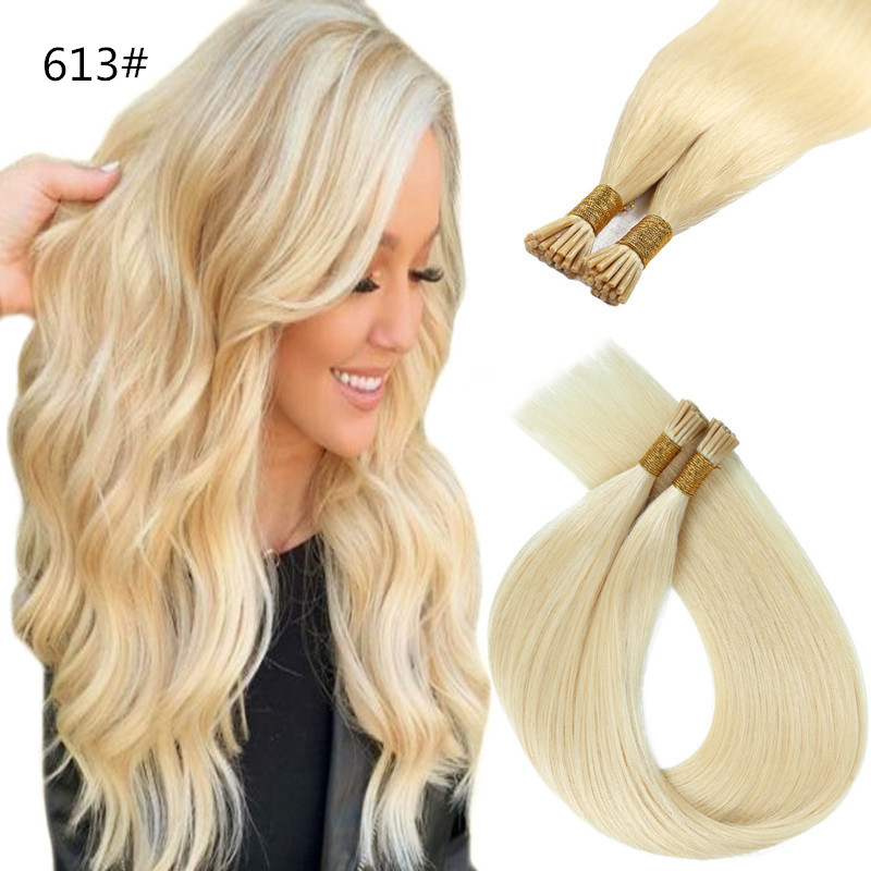 Stock I Tip Virgin Hair White Platinum Blonde Prebonded Human Hair Extensions Stick Keratin 100g/100g 12-30 inch 18# 26# 60# 1001# 35% Long Hair