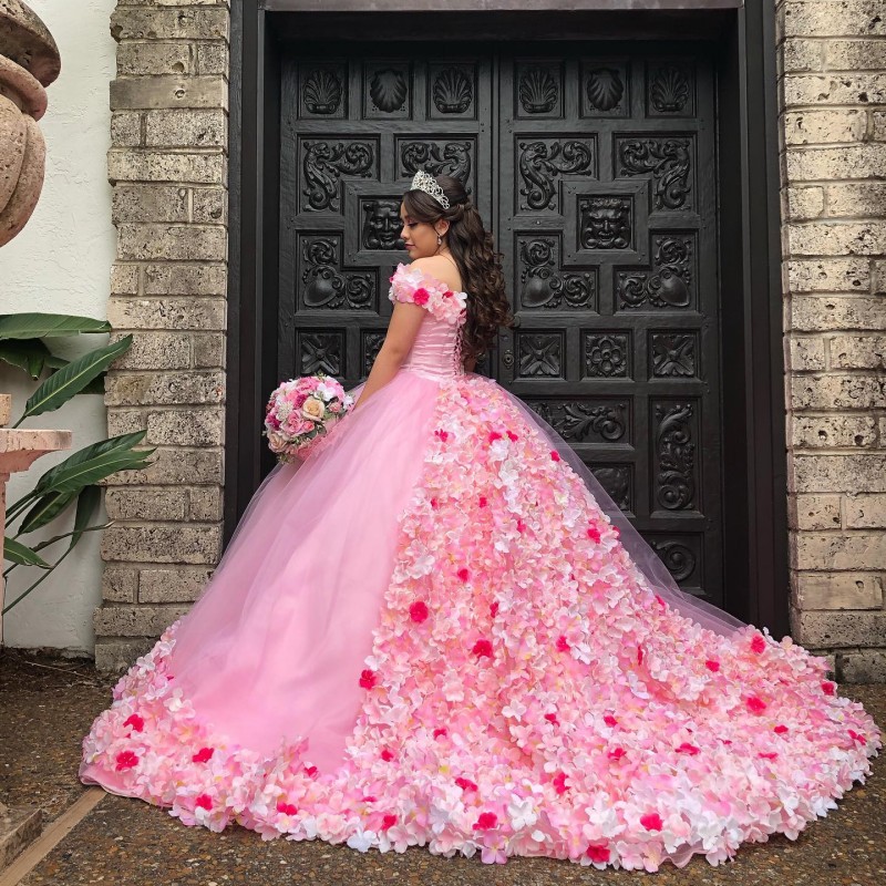 ピンクの光沢のあるタルプリンセスボールガウン15歳の女の子キンシェネラドレス豪華なビーズ3dflower vestidos de 15 anos