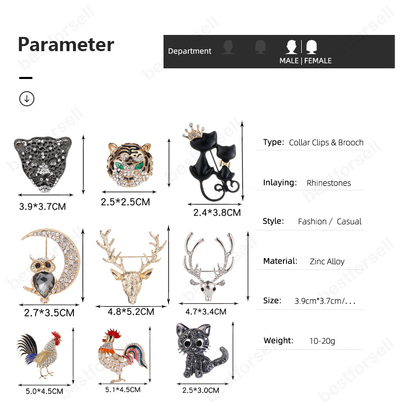 Exquisite Leopard Tiger Brooch Pin Owl Rooster Cat Antlers Designer Men Women Suits Shirt Collar Clips Turtle Spider Sweater Pins Clothes Accessories Jewelry Gifts