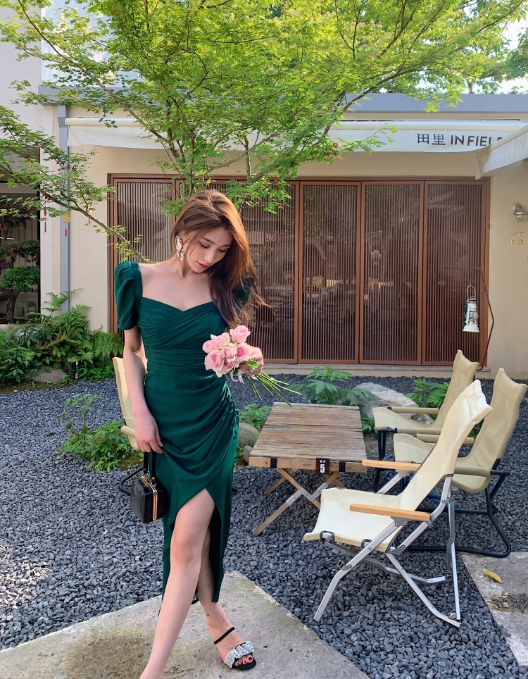 S-elf Portrait Short Sleeve Split Heart Machine Dress Light Luxury Style Long Dress Green Red