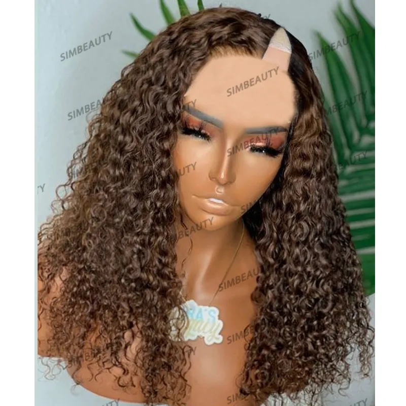 Kinky Curly Human Hair1x4 Middle V Part Wig for黒人女性Glueless200デンシー調整可能uパートウィッグ