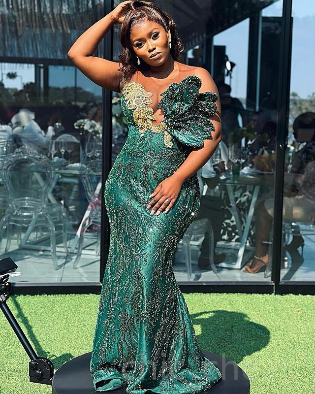 2023 Aso Ebi Vert Foncé Sirène Robe De Bal Dentelle Perlée Soirée Formelle Partie Deuxième Réception Anniversaire Demoiselle D'honneur Robes De Fiançailles Robes Robe De Soirée ZJ677